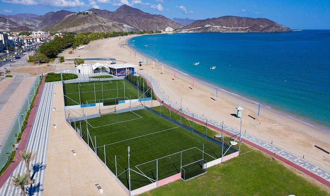 A stunning coastal view of Khorfakkan Beach with Stunning Soccer court